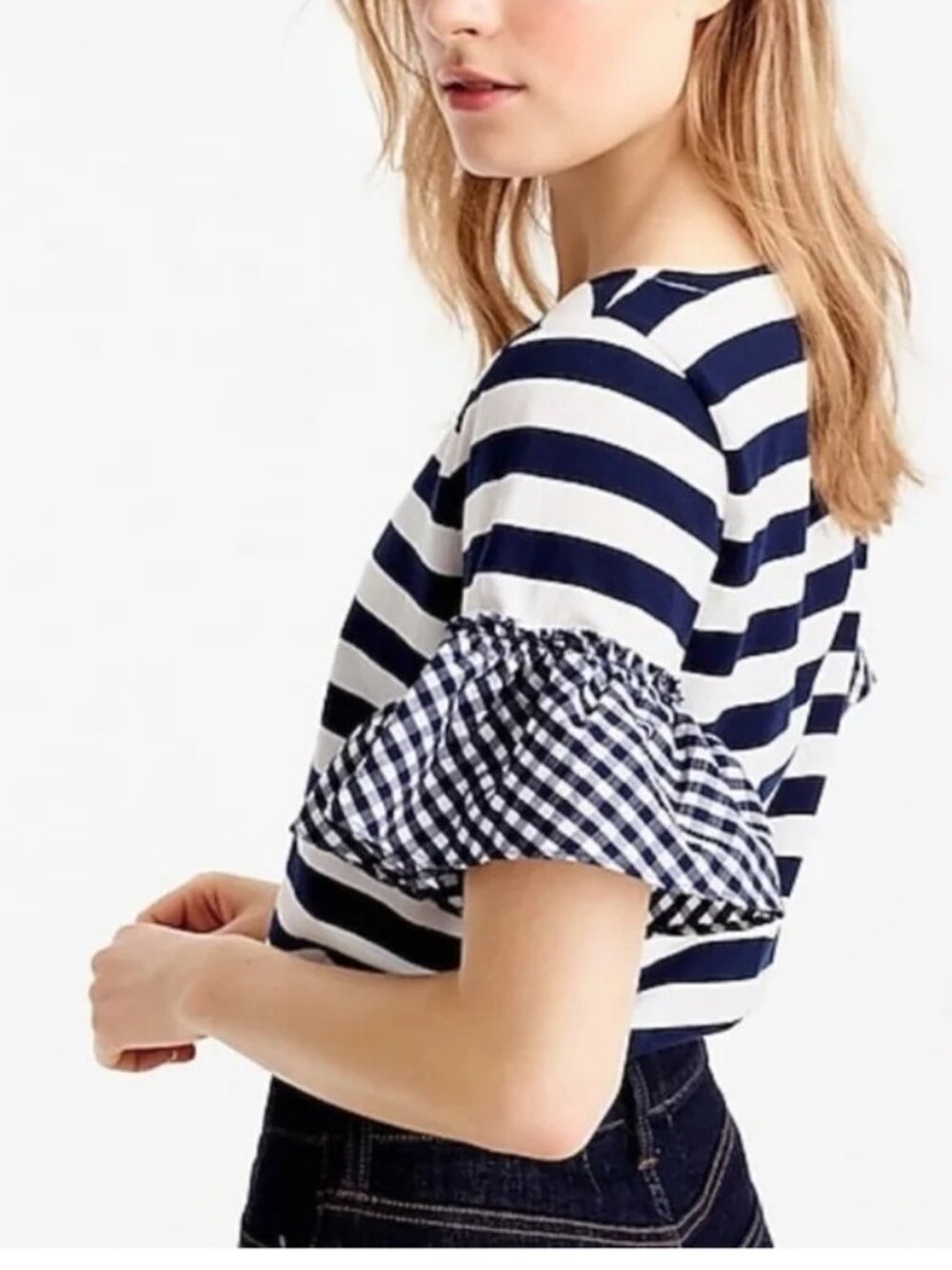 J. Crew Navy Blue White Stripe Top Gingham Sleeve sz.S